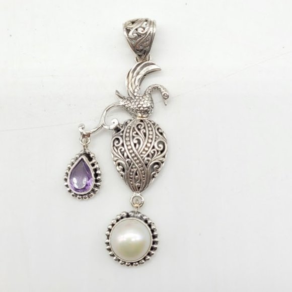 Silver Filigree Phoenix Swan Pendant Mabe Pearl Amethyst Statement Art - Picture 4 of 11